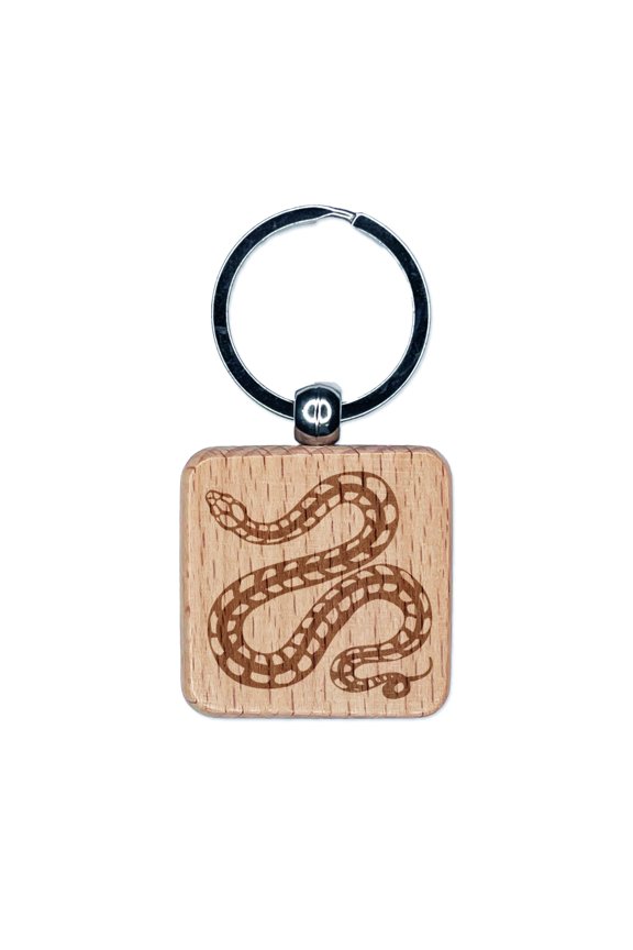 Winding Striped Snake Square Keychain Charm Tag - Engraved Wood