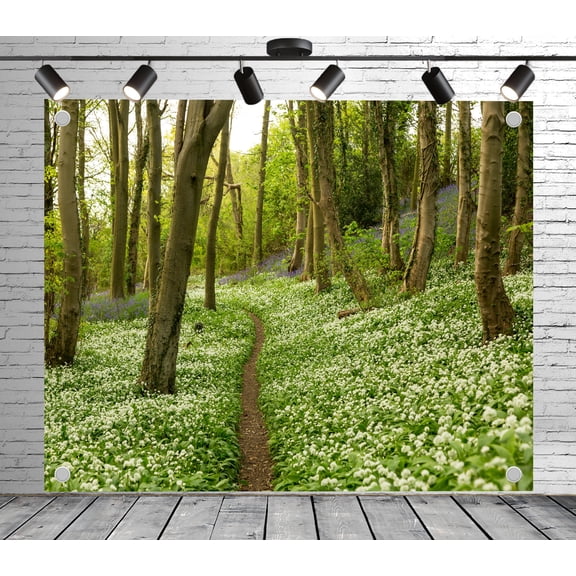 Winding path bluebells forest backdrop | Polyester fabric banner curtain, suitable for themed parties, outings, picnics, celebrations and studio props