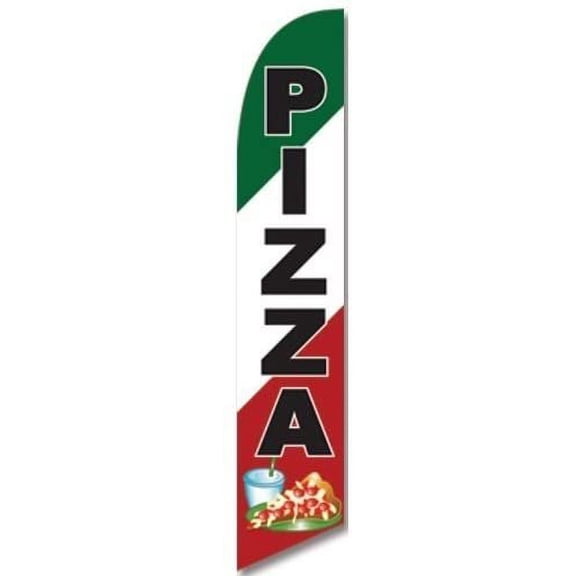 Windless Full Sleeve Swooper Flag PIZZA Green White Red w Pizza Drink Pic