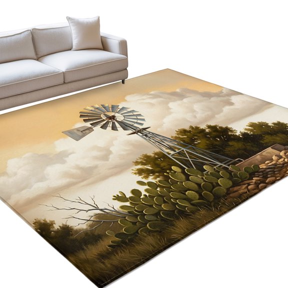 Windmill 6x9ft Non Slip Area Rug Windmill Farmhouse Sunset Field Trees Rustic Washable Soft Area Rugs for Living Room, Indoor Circle Carpet for Bedroom Dining Room Kitchen