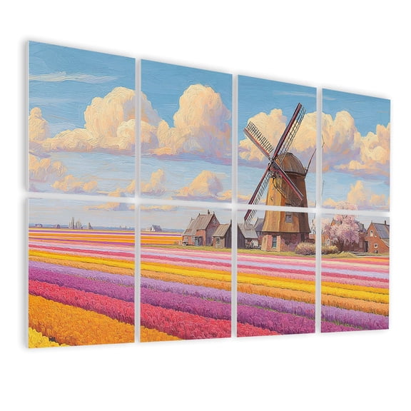 Windmill 8 Pack Art Acoustic Panels Sound Absorbing Dutch Countryside Oil Painting Tulip Fields Windmill Decorative Soundproof Wall Panels Self Adhesive for Nursery Game Room Bedroom 48"x32"