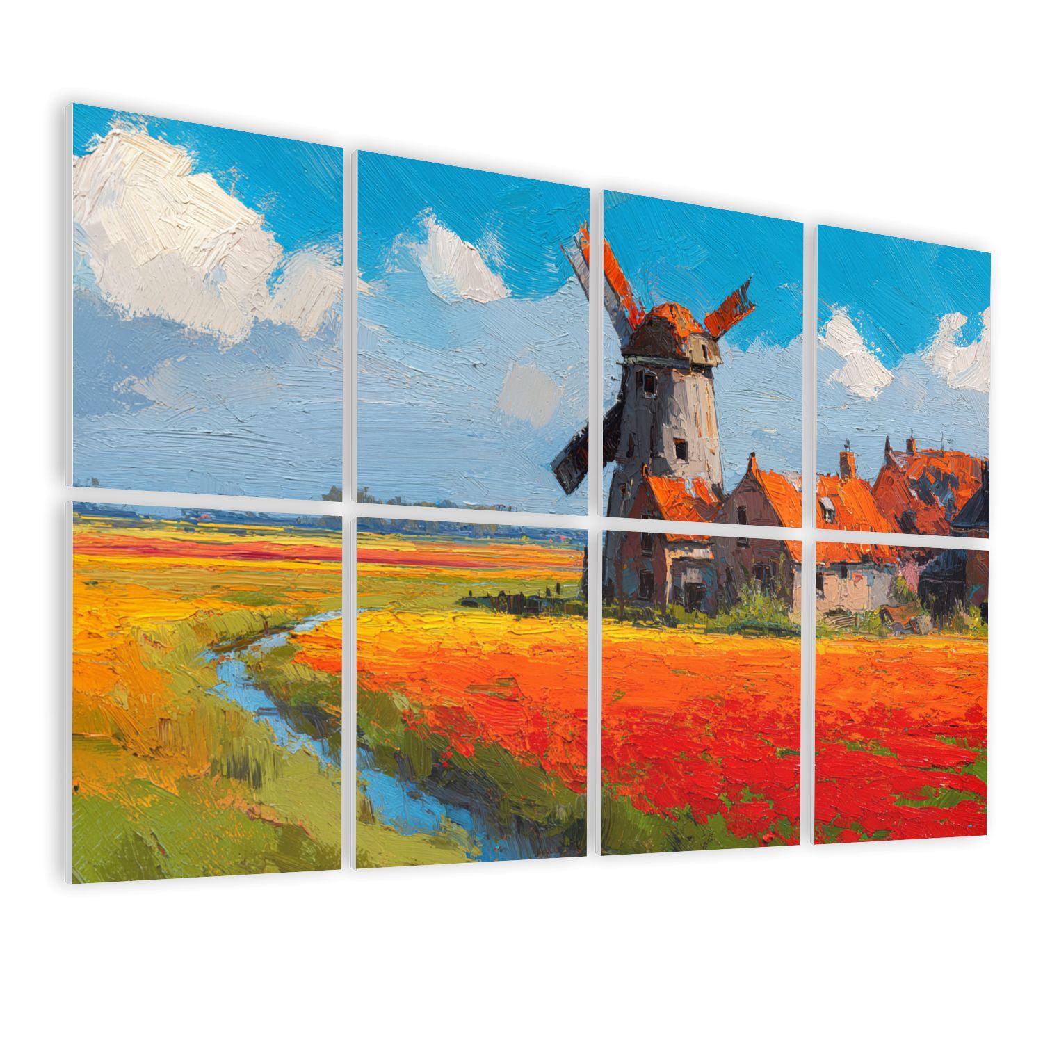 Windmill 8 Pack Art Acoustic Panels Sound Absorbing Dutch Countryside Oil Painting Tulip Fields Windmill Decorative Soundproof Wall Panels Self Adhesive for Nursery Game Room Bedroom 48"x32"