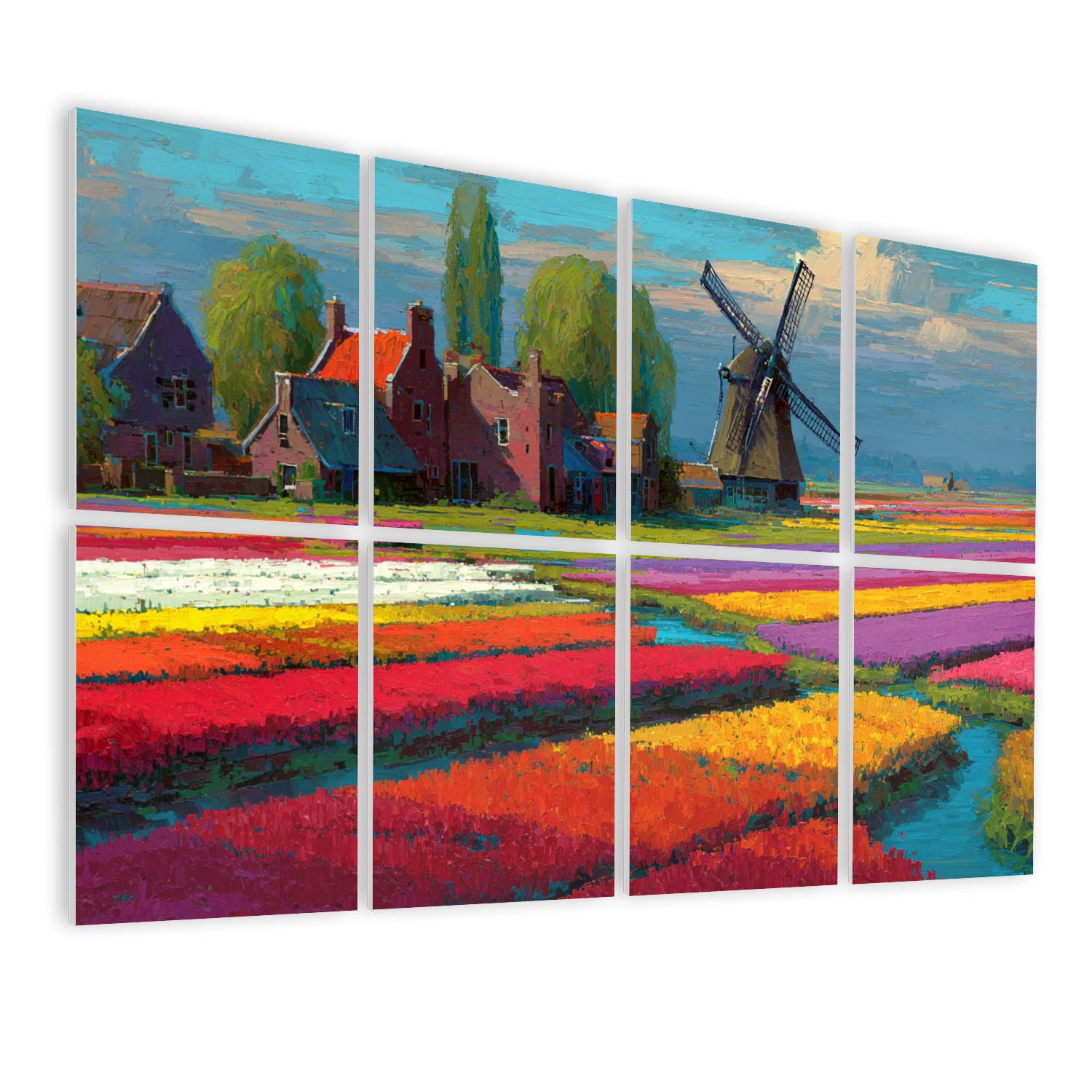 Windmill 8 Pack Art Acoustic Panels Sound Absorbing Moody Dutch Landscape Windmill Tulips Scenic Canal Decorative Soundproof Wall Panels Self Adhesive for Nursery Game Room Bedroom 48"x32"