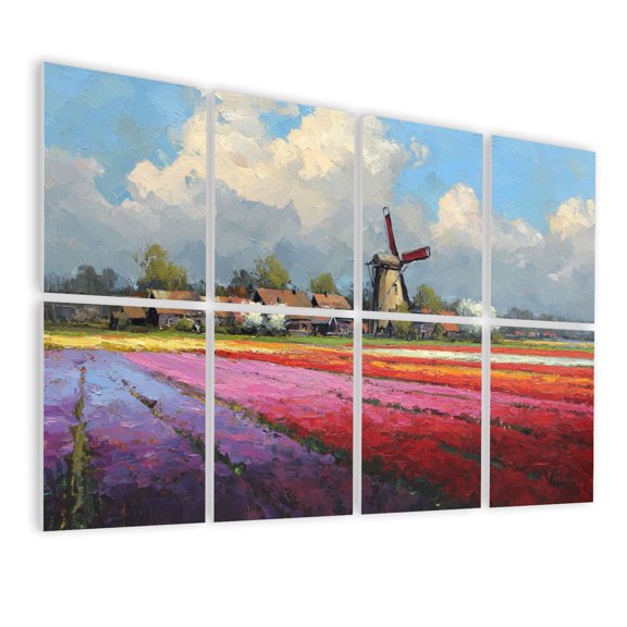 Windmill 8 Pack Art Acoustic Panels Sound Absorbing Spring Landscape Oil Art Tulips Windmill Fruit Trees Decorative Soundproof Wall Panels Self Adhesive for Nursery Game Room Bedroom 48"x32"