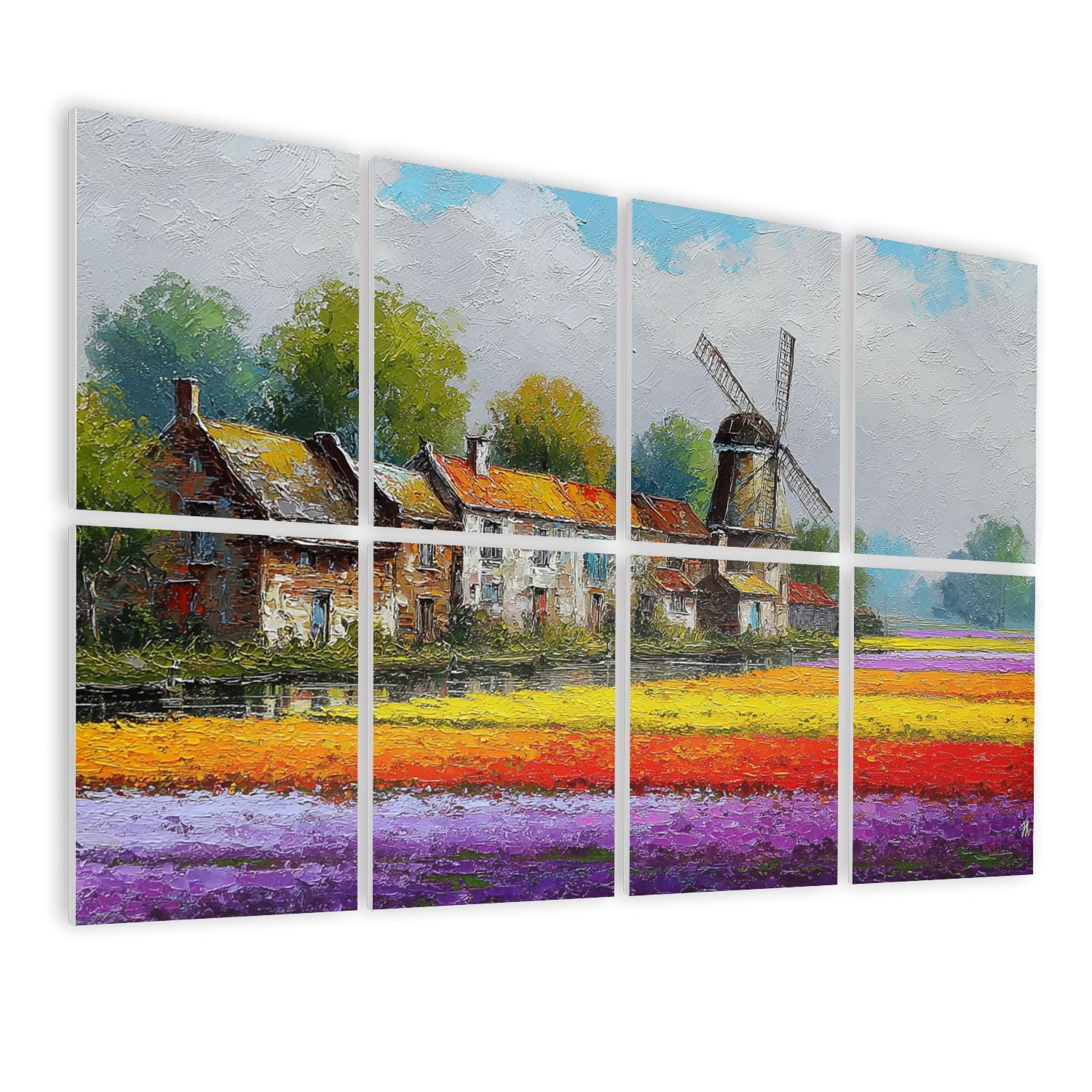 Windmill 8 Pack Art Acoustic Panels Sound Absorbing Vibrant Spring Rain Landscape Windmill Farmhouses Decorative Soundproof Wall Panels Self Adhesive for Nursery Game Room Bedroom 48"x32"