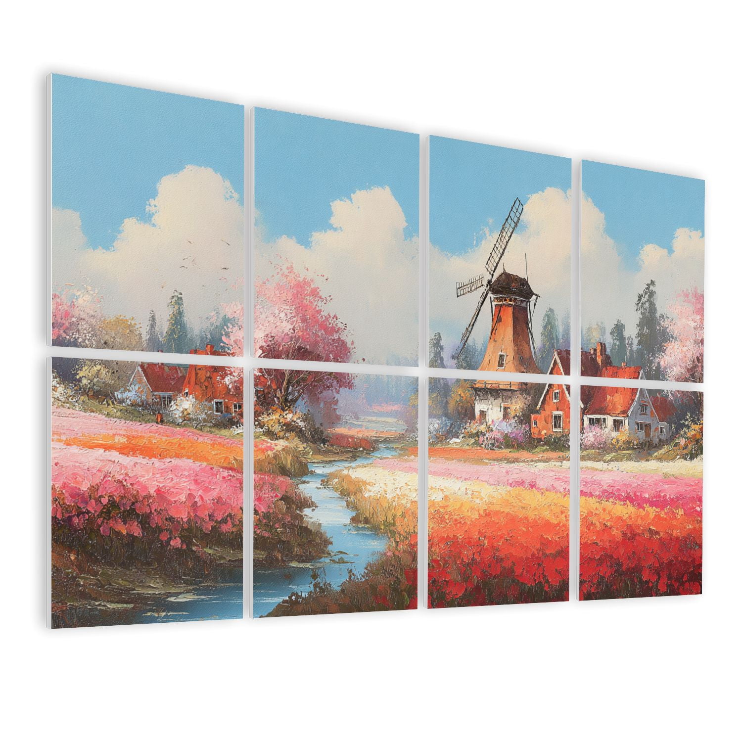 Windmill 8 Pack Art Acoustic Panels Sound Absorbing Whimsical Spring Landscape Tulips Rustic Farmhouses Decorative Soundproof Wall Panels Self Adhesive for Nursery Game Room Bedroom 48"x32"