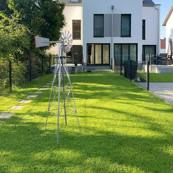 Windmill 8ft Gray And Red with Vane 4 Legs Standing Rotatable Windmill Iron