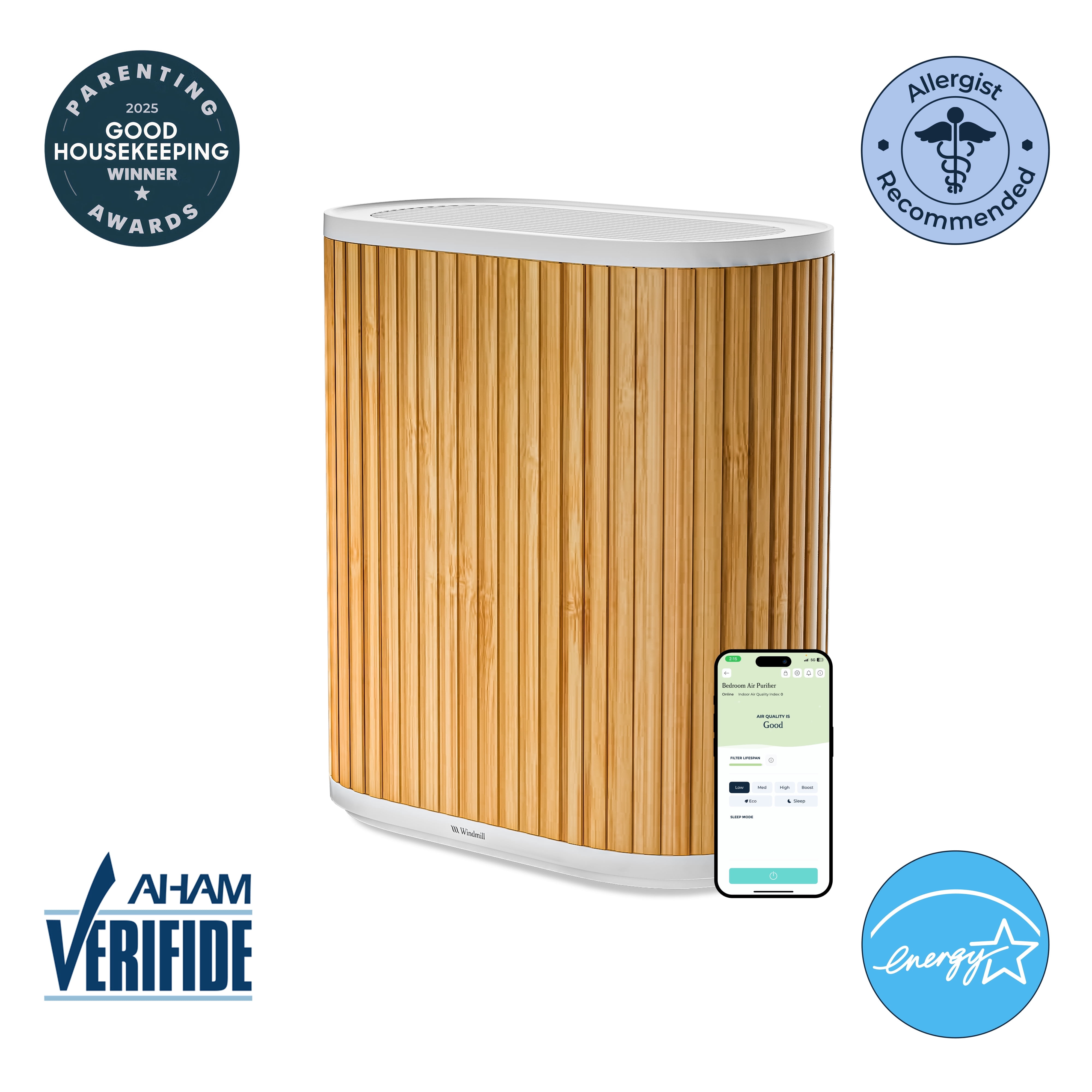 The Windmill Air Purifier Max for Home - 3-In-1 Filtration for Smoke & More - True HEPA Filter, Activated Carbon, & Pre-Filter - Covers Up To 1950 Sq ft - Ultra-Quiet - App Compatible - Bamboo