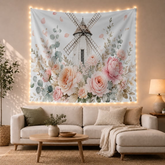 Windmill Among Pink Peonies & Roses, Romantic Watercolor Style for Nature Lovers, Floral Wall Art, Housewarming Gift Tapestry Wall Hanging for Living Room & Bedroom