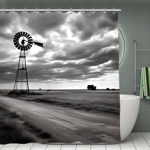 Windmill Barn Picture, Rustic Black And White Country Landscape Shower Curtain 70.8x70.8 Inch,Bathroom Shower Curtain,Home Waterproof Fabric Shower Curtain Bathtub Decor with Hooks