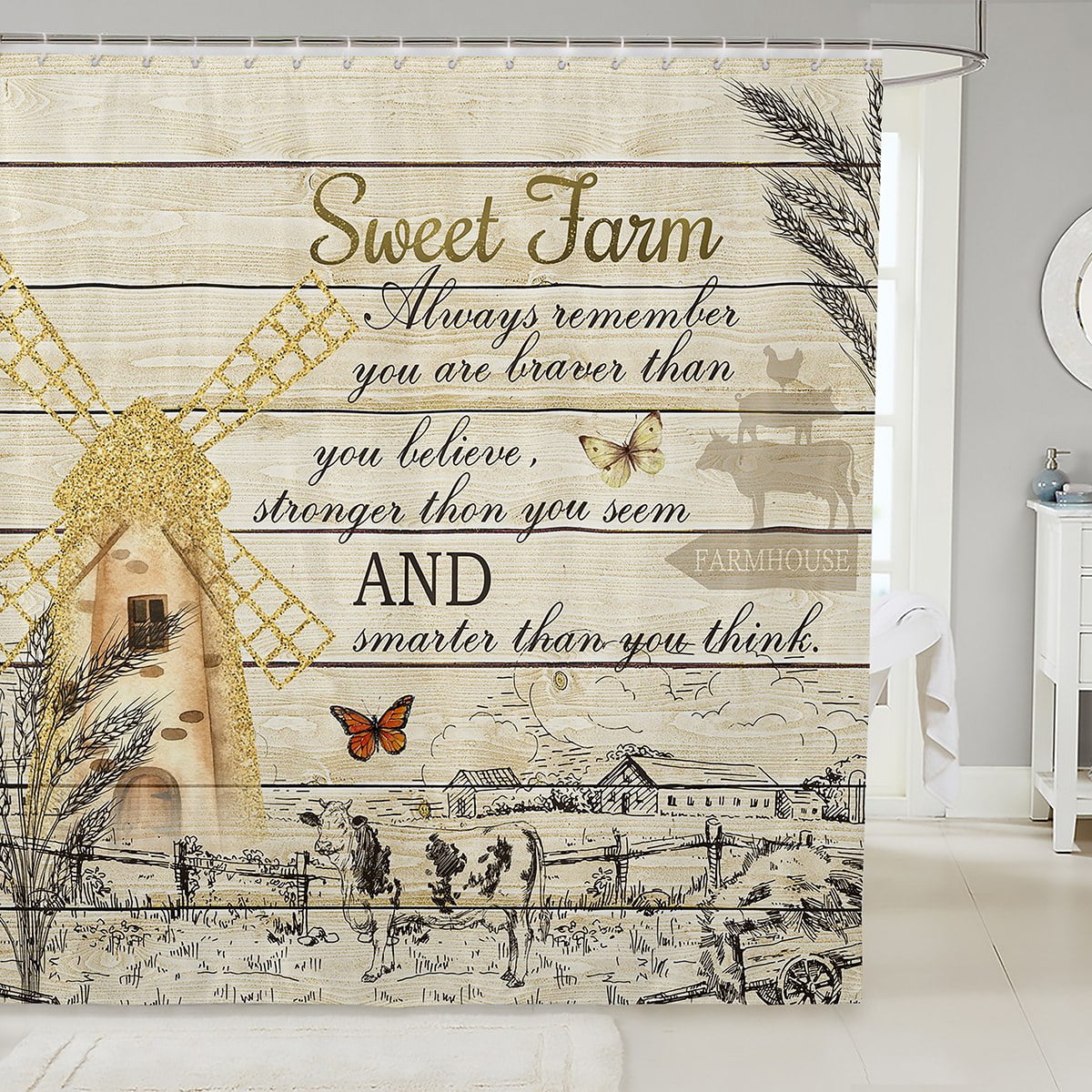 Windmill Bathroom Shower Curtain Sets Cabin Room Decor, Rustic Farmhouse Shower Curtain, Vintage