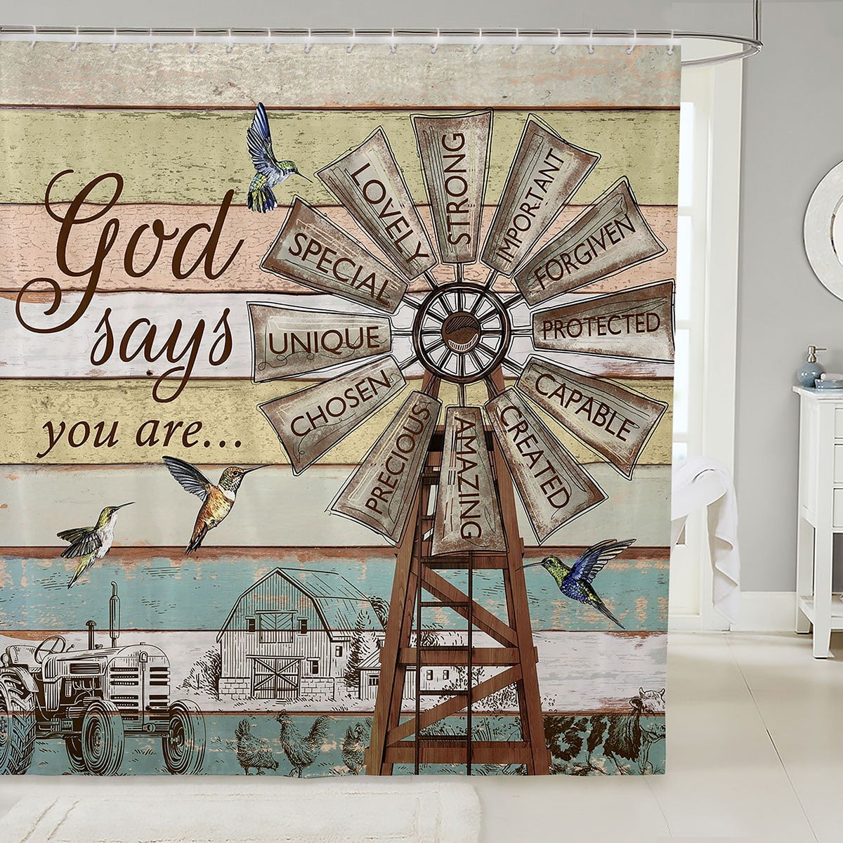 Windmill Bathroom Shower Curtain Sets,Rustic Farmhouse Shower Curtain 72" W X 84" Hummingbird