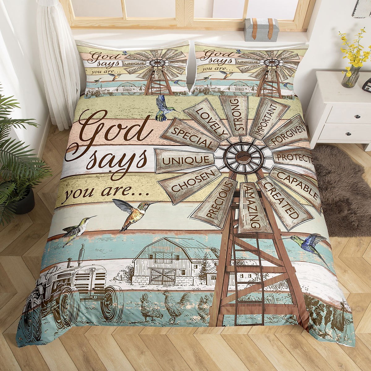 Windmill Bedding Set King Size, Rustic Farmhouse Style Duvet Cover