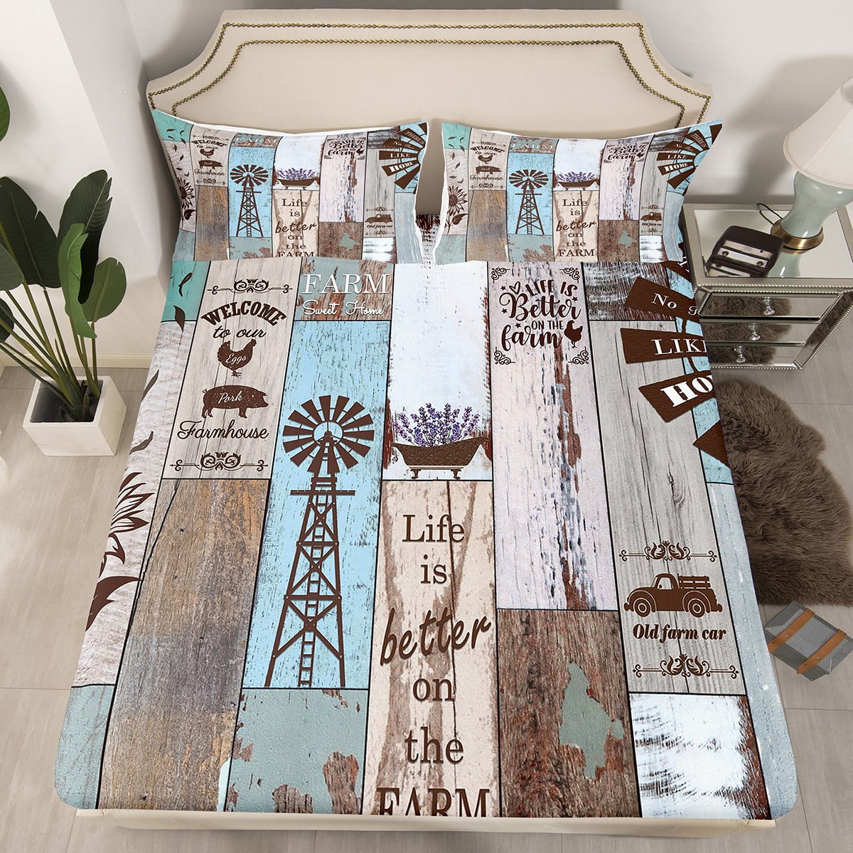 Beetles Sheet Set Queen - Colorful Beetle Print Bedding, Rustic Farmhouse Style - Includes Flat Sheet, Fitted Sheet & 2 Pillowcases - Soft Polyester Microfiber