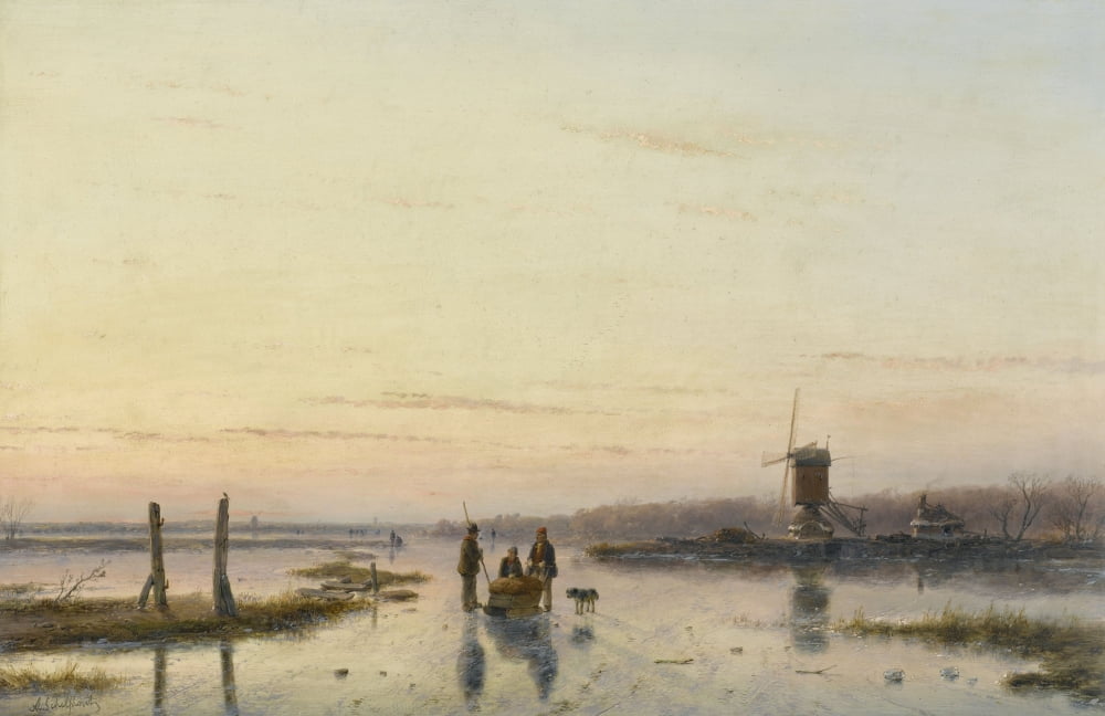 Windmill Beside A Frozen River Canvas Art - (36 x 24)