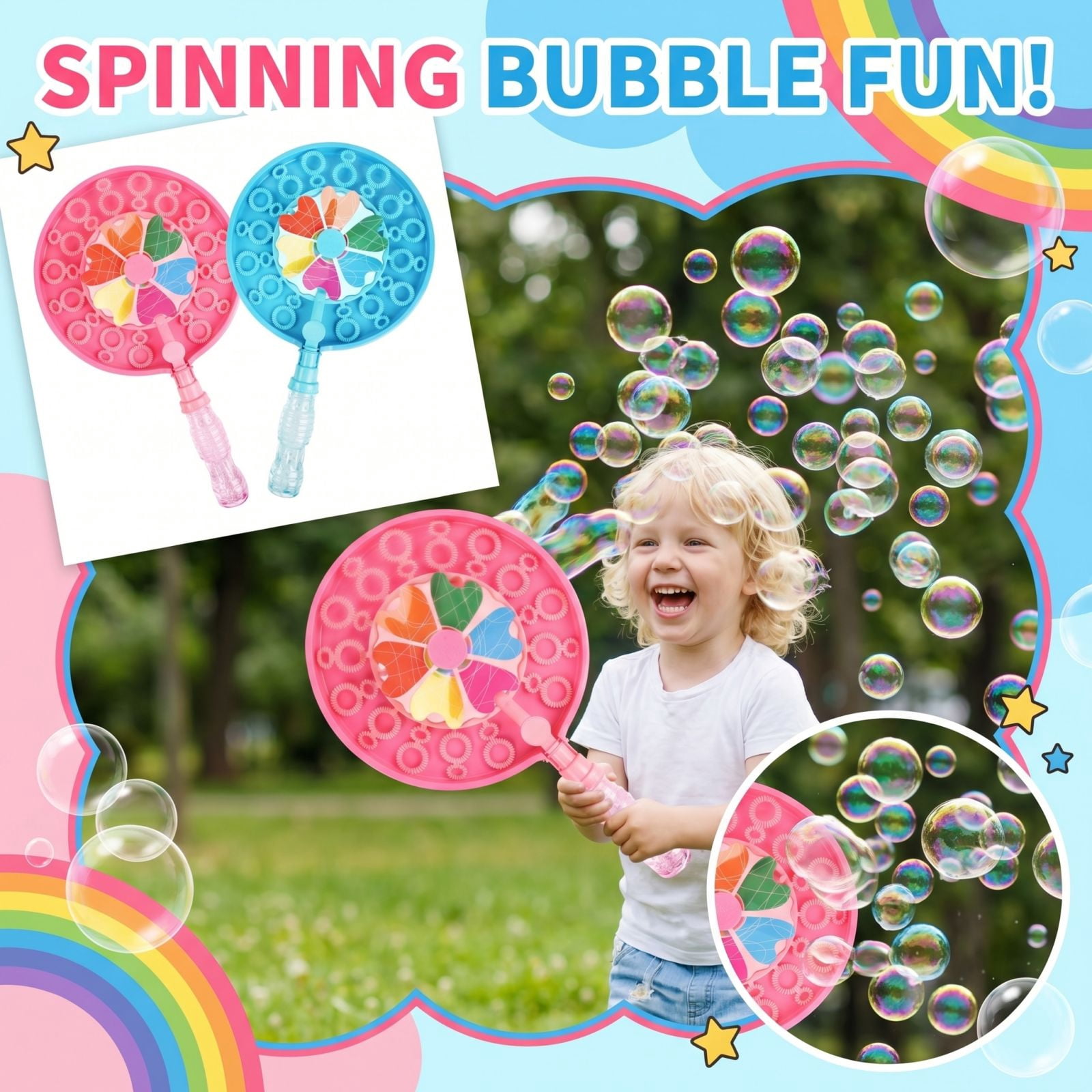 Windmill Bubble Wand, Double Ring Bubble Blower with Multi-Hole Bubble Effects, Handheld Bubble Maker for Outdoor Parties and Event Entertainment (2PCS)