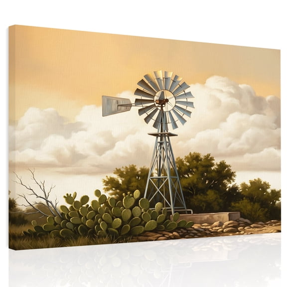 Windmill Canvas Print Wall Art, Windmill Farmhouse Sunset Field Trees Rustic Wall Decor Modern Artwork Paintings Pictures for Living Room Framed and Stretched Ready to Hang 24" x 32"
