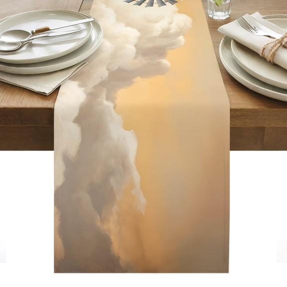 Windmill Cotton Linen Table Runner Windmill Farmhouse Sunset Field Trees Rustic Dining Table Runners for Home Decor Party Dining Room Restaurant Kitchen Party 13" x 48"