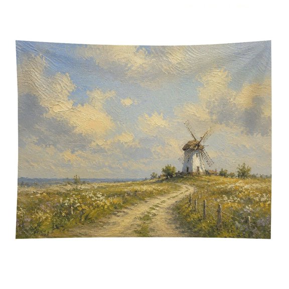Windmill Country Road Landscape Wall Tapestry Decorative, Aesthetic Fabric Wall Hanging Art for Bedroom Living Room Dorm, Durable & Lightweight Wall Decor with Hanging Kit 30"×40"