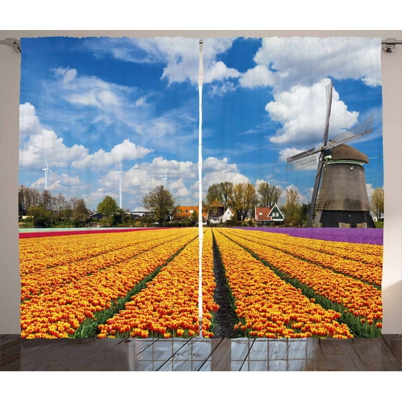 Ambesonne Windmill Curtains 2 Panel Set, Rustic Holland Houses, 108" x 96", Multicolor