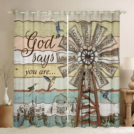 Windmill Curtains & Drapes 42"Wx63"L, Rustic Farmhouse Curtains Hummingbird Rooster Cow Farm Animal Blackout Curtains Wooden Board Vintage Country Western Window Treatments Windmill Bedroom Decor
