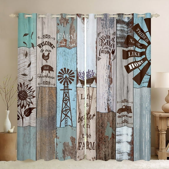Windmill Curtains & Drapes, Rustic Farmhouse Blackout Curtains 38"Wx54"L Windmill Themed Gift Rooster Farm Animal Curtains Farm Cow Barn Door Wooden Plank Window Treatments, Farmhouse Gifts For Women