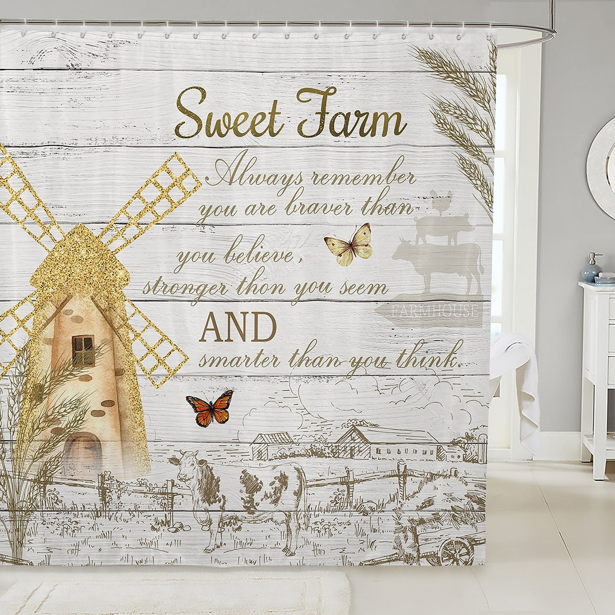 Windmill Decor Bath Curtain For Women, Farmhouse Style Fabric Shower Curtain, Rustic Windmill