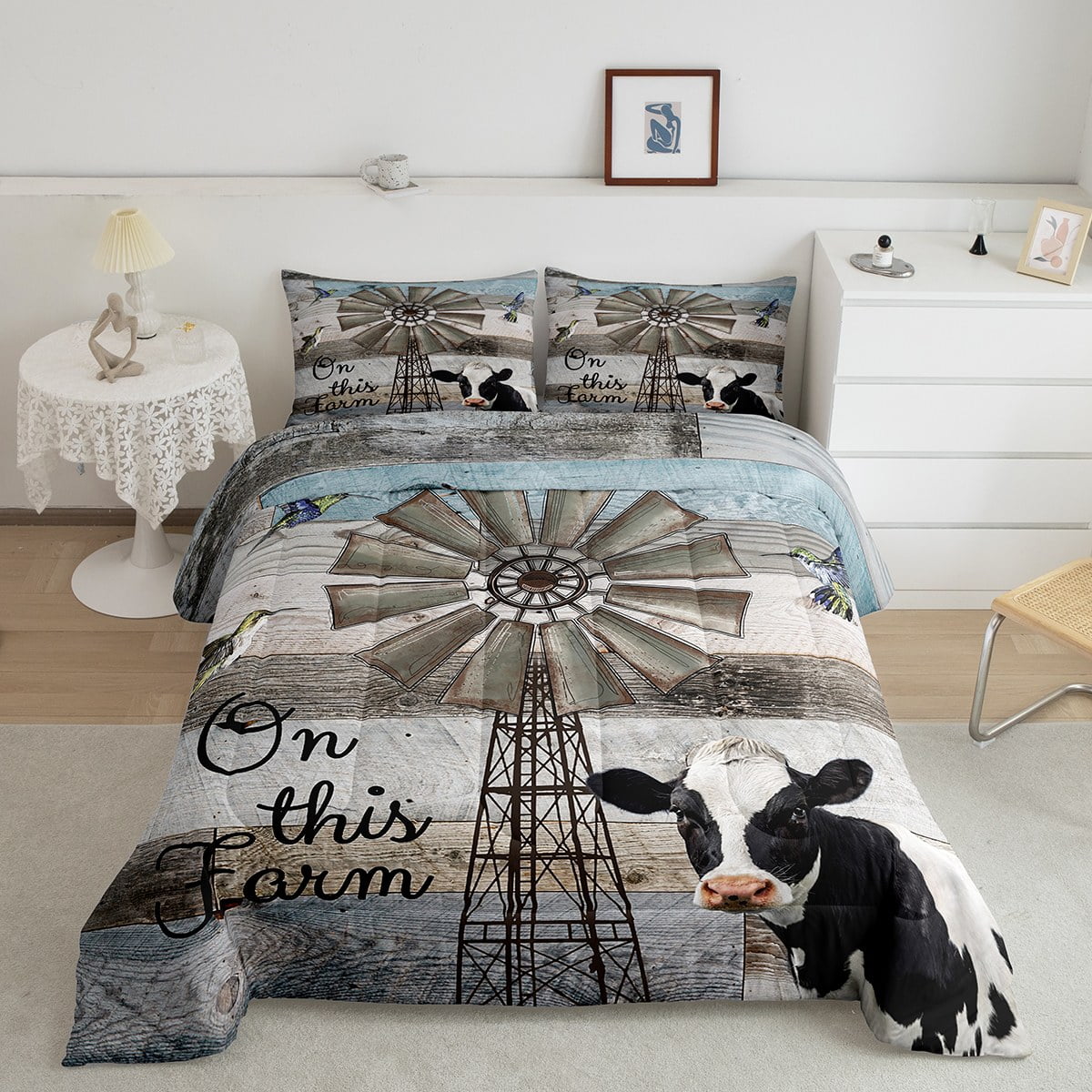 Windmill Decor Bedding Set, Farmhouse Cow Comforter Set Queen Size For