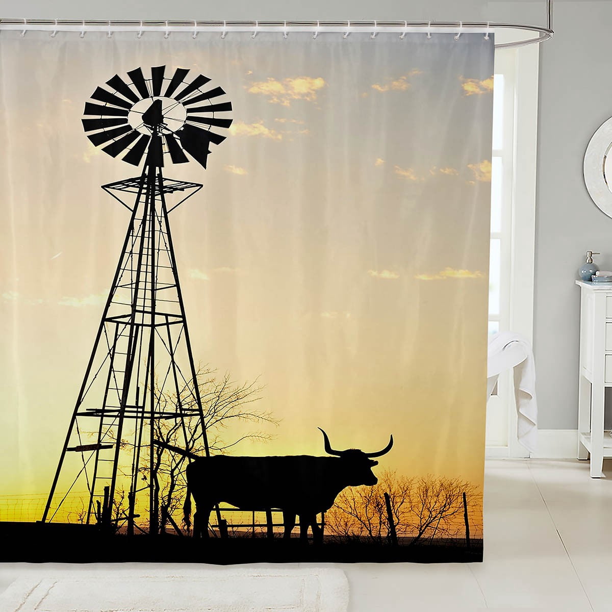 Highland Cow Shower Curtain - 70x70 Inch Farmhouse Rustic Bathroom Decor With Hooks, Water Repellent Polyester