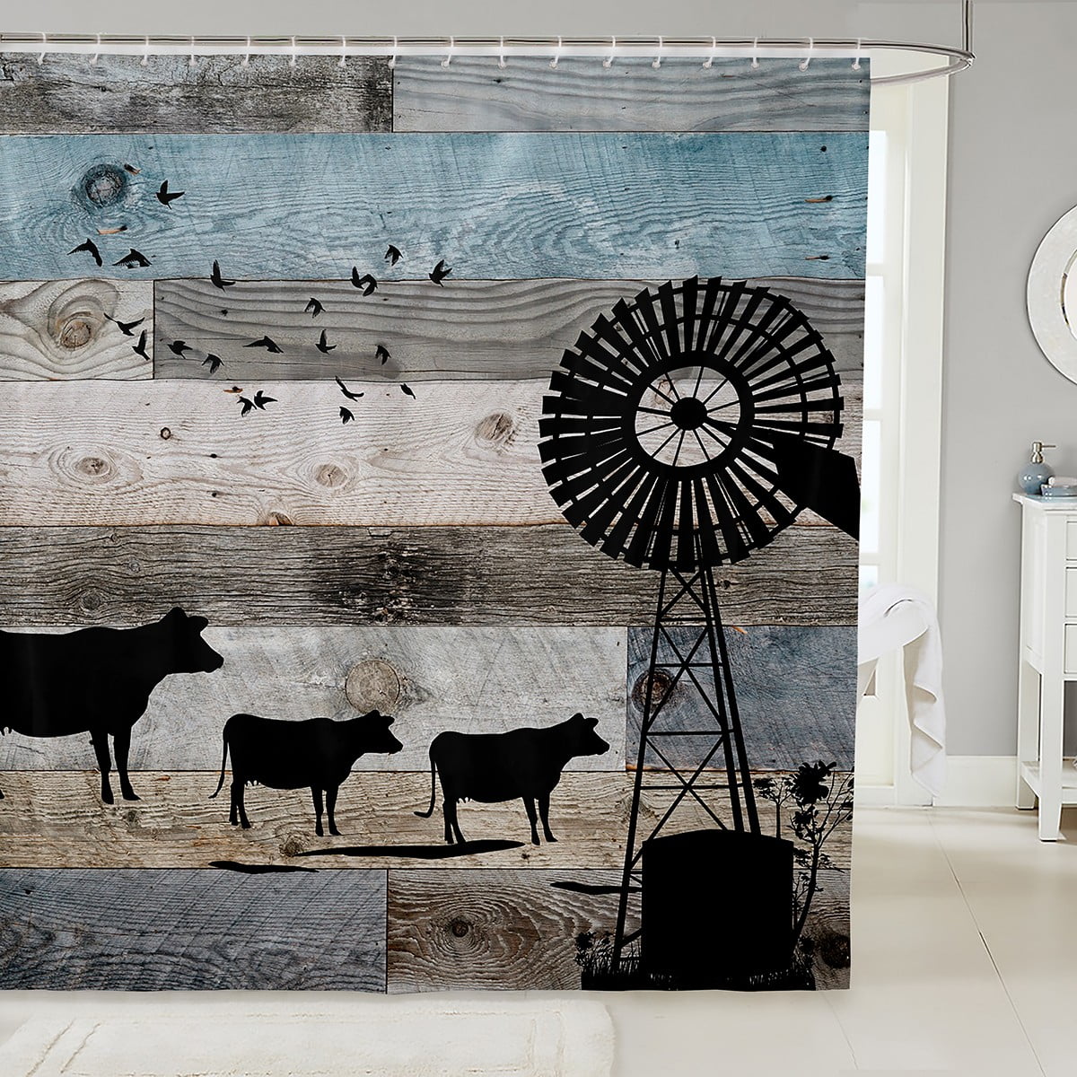 Windmill Decor Farmhouse Bath Curtain Milk Cow Farm Animals Shower ...