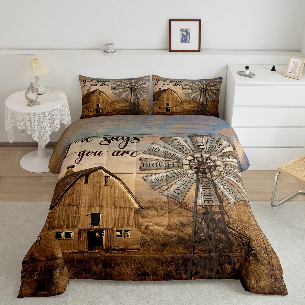 Windmill Decor Farmhouse Bedding Set King,Inspirational Quotes Quilt
