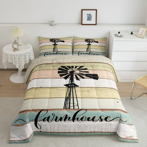 Windmill Decor Farmhouse Comforter Set, Rustic Wood Farm Bedding Set Western Country Vintage Bedding Comforter Sets King Windmill Themed Gift, Wooden Plank Barn Door Down Comforter, 2 Pillow Cases