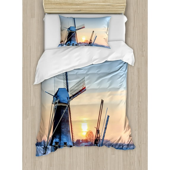 Windmill Duvet Cover Set, Frozen Winter View Dutch Windmill Covered in Snow Icy River at Sunset, Decorative 2 Piece Bedding Set with 1 Pillow Shams, Twin Size, Pale Blue Peach, by Ambesonne