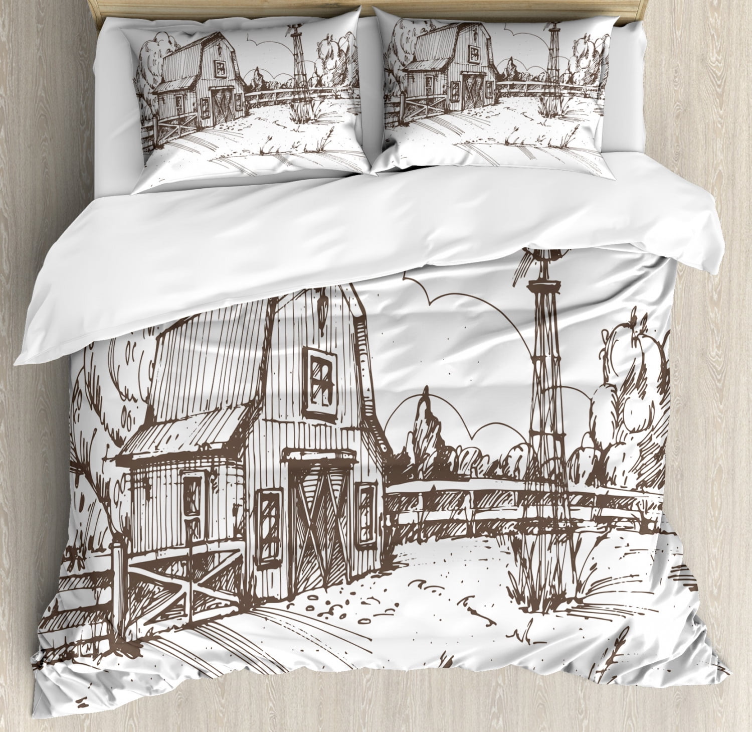 King Size Dark Brown and White Farmhouse Duvet Cover Set