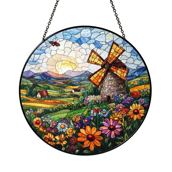 Windmill Farm Scene Suncatcher for Window, Stained Glass Style Rustic Floral Decor