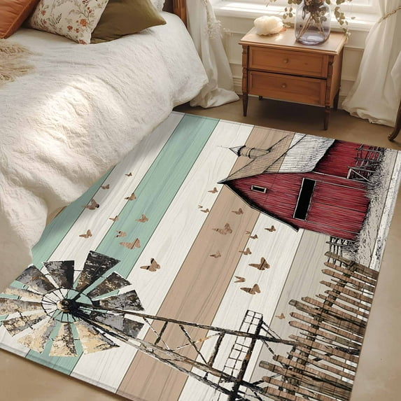 Windmill Farmhouse 3x5 Area Rugs, Vintage Teal Brown Wooden Butterfly Non-Skid Rubber Backing Large Rectangle Rugs - Living Room Bedroom Home Office, Indoor Floor Mat Carpets Washable Rug