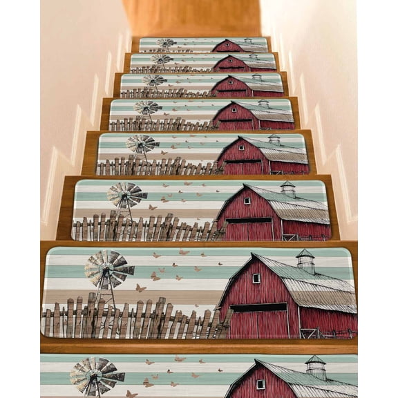 Windmill Farmhouse Stair Treads for Wooden Steps Indoor Runner Rug Carpet, Vintage Teal Brown Wooden Butterfly 4 Pieces Peel and Stick Staircase Step Treads Covers Washable Throw Door Mats, 30"x8"