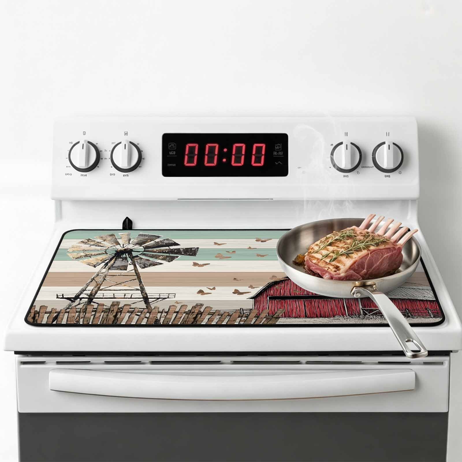 Windmill Farmhouse Stove Top Cover for Electric Stove, Heat-proof & Non Slip Glass Top Stove Cover Protector, Vintage Teal Brown Wooden Butterfly Kitchen Flat Cooktop Rubber Mat 24x21 Inches