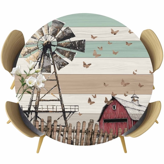 Windmill Farmhouse Table Cloth, Round Fitted Tablecloths with Elastic Edge, Vintage Teal Brown Wooden Butterfly Wipeable Waterproof Table Cover for Kitchen Wedding 55-60 Inches
