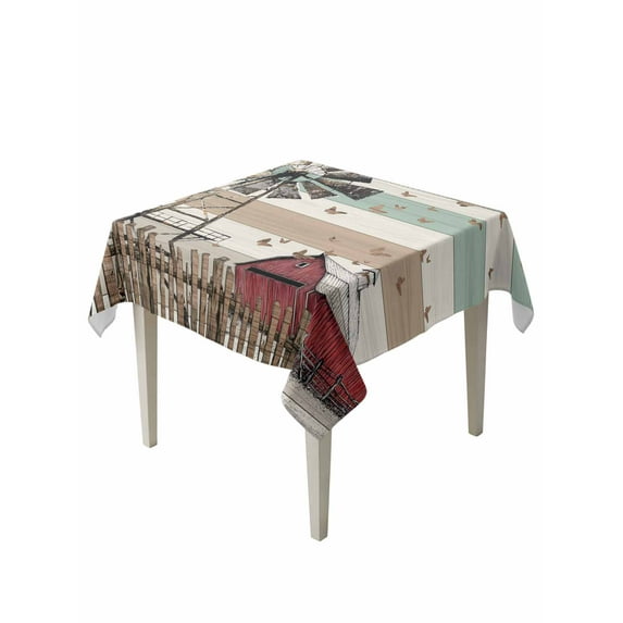 Windmill Farmhouse Table Cloth, Vintage Teal Brown Wooden Butterfly Waterproof Tablecloth for Square Tables, Reusable Washable Fabric Table Cover for Restaurant Kitchen Dining Tables 60"x60"