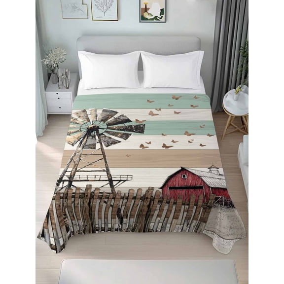 Windmill Farmhouse Twim Size Flat Sheet, Wrinkleproof & Fadeproof Cooling Flat Bed Sheet Only, Vintage Teal Brown Wooden Butterfly Breathable Soft Bedding Top Sheets 66 x 96 Inches