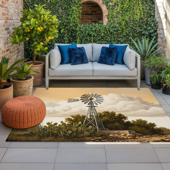 Windmill Indoor Outdoor Rugs 4x6 Ft, Windmill Farmhouse Sunset Field Trees Rustic Outdoor Patio Rugs Mat Washable Outside Area Rugs Carpet for Porch Deck RV Camping Pool Balcony Backyard
