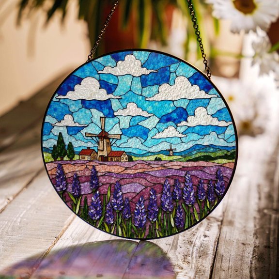 Windmill Lavender Field Sky Blue Clouds Suncatcher Glass Art Gift For Nature Lover, Suncatcher Window Hanging, 3.5 in