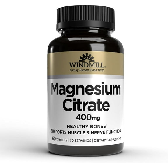 Windmill Natural Vitamins Magnesium Citrate 400 mg, Immune Support, Supports Healthy Heart, 60 Count, 30 Servings
