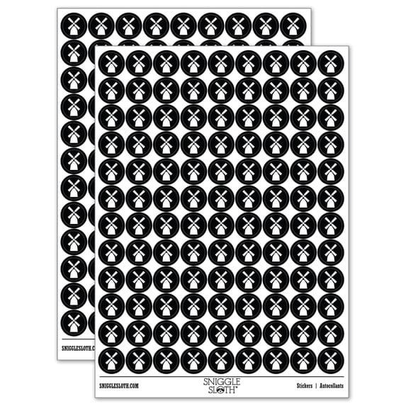 Windmill Netherlands Holland 200+ Round Stickers - Black - Gloss Finish - 0.50" Size