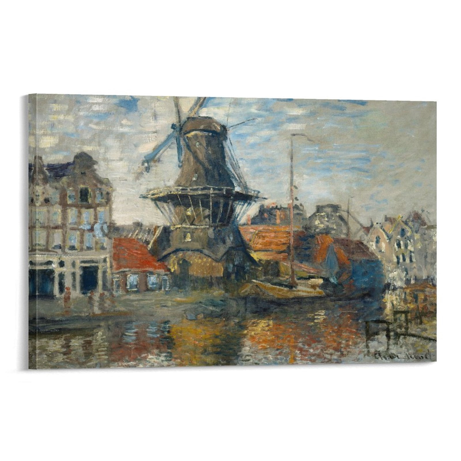 "Windmill On The Onbekende Canal, Amsterdam" Claude Monet Art Print - Wall Art For Living Room, Bedroom, Office (Multiple Sizes)