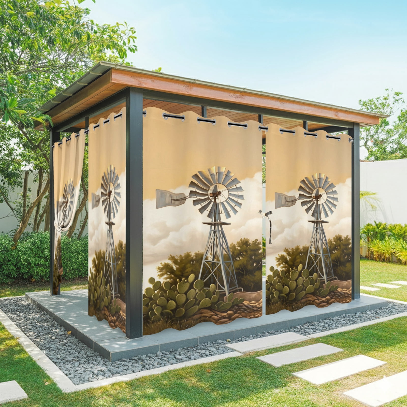 Windmill Outdoor Curtains for Patio, Windmill Farmhouse Sunset Field Trees Rustic Sunshade Privacy Drapes Grommet Waterproof Outside Curtains for Porch/Cabana/Balcony 54"x 108", 1 Panel