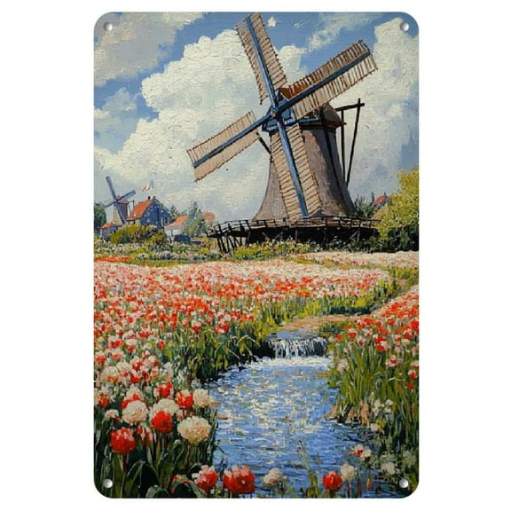 Windmill Painting Iron Sign, 8x12 Inches (20x30cm), Pre-Drilled Holes for Easy Hanging, Wall and Room Decor, Perfect for Room Decor