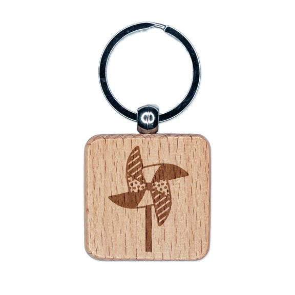 Windmill Pinwheel Square Keychain Charm Tag - Engraved Wood
