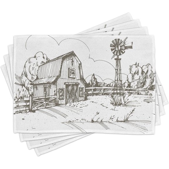 Windmill Place Mats Set of 4, Rustic Barn Farmhouse Hand Drawn Illustration Countryside Rural Meadow, Washable Fabric Placemats for Dining Table, Standard Size, Taupe